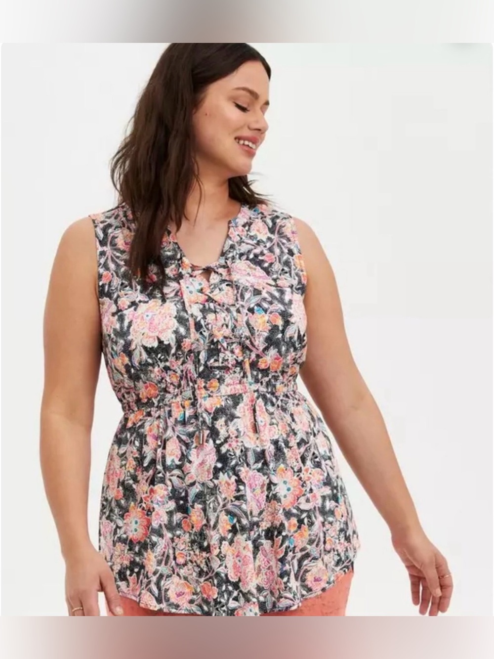 Torrid Babydoll Stretch Challis Lace-Up Tunic Top Size 2X Floral